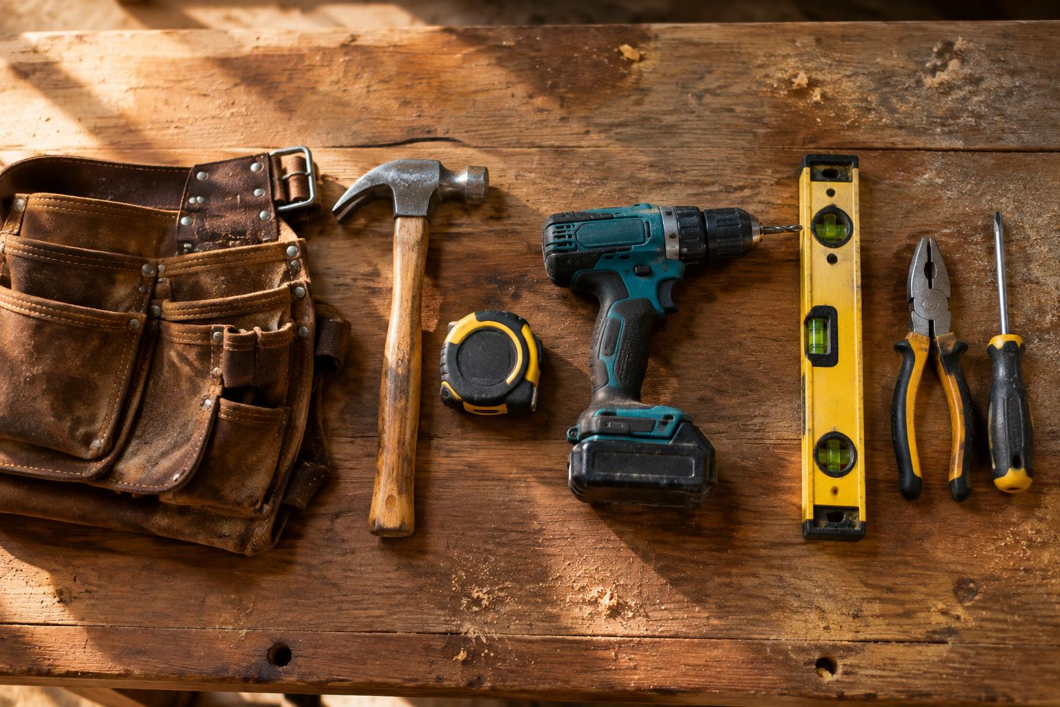 A contractor's tool belt and hand tools laid out on a workbench